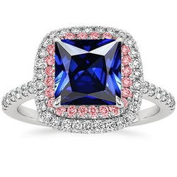 Bague Diamant Pierre Précieuse Saphir Bleu & Rose Double Halo Or 6.50 Carats
