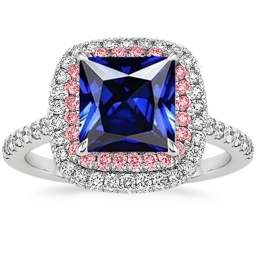 Bague Diamant Pierre Précieuse Saphir Bleu & Rose Double Halo Or 6.50 Carats - HarryChadEnt.FR