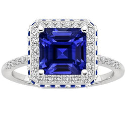 Bague Diamant Pierres Précieuses Halo Princesse Saphir Bleu Or 14K 4.50 Carats