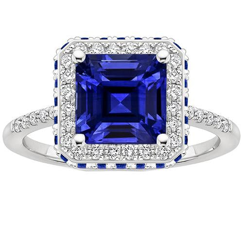 Bague Diamant Pierres Précieuses Halo Princesse Saphir Bleu Or 14K 4.50 Carats - HarryChadEnt.FR