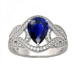 Bague Diamant Pierres Précieuses Poire Style Vintage Saphir Ceylan Or 3 Carats
