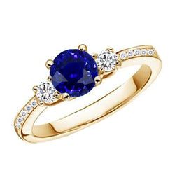 Bague Diamant Pierres Précieuses Saphir Bleu 2 Carats 3 Pierres Style Or Jaune