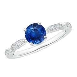 Bague Diamant Pierres Précieuses Style Vintage Rond Saphir Bleu 2.25 Carats