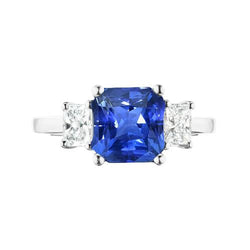 Bague Diamant Radiant & Saphir Bleu 3 Pierres Bijoux Pierres Précieuses 2 Carats