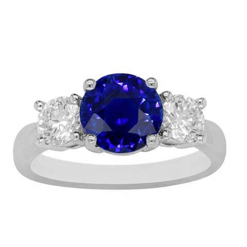 Bague Diamant Rond 3 Pierres Pierres Précieuses Saphir Bleu Naturel 3 Carats - HarryChadEnt.FR