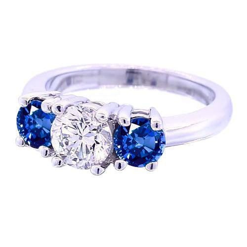 Bague Diamant Rond 3 Pierres Saphir Bleu Bijoux 2.50 Carats - HarryChadEnt.FR
