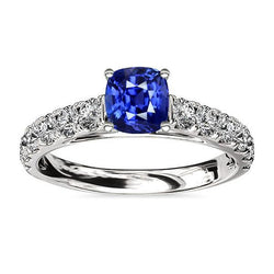 Bague Diamant Rond Coussin Saphir Bleu Pierre Gemme 3 Carats Or Blanc