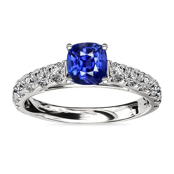 Bague Diamant Rond Coussin Saphir Bleu Pierre Gemme 3 Carats Or Blanc - HarryChadEnt.FR
