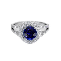 Bague Diamant Rond Halo Saphir Bleu 3.50 Carats Nouvelle Pierre Gemme Or
