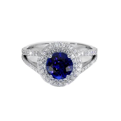 Bague Diamant Rond Halo Saphir Bleu 3.50 Carats Nouvelle Pierre Gemme Or - HarryChadEnt.FR