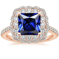 Bague Diamant Rond Halo Style Fleur Princesse Saphir Bleu 7 Carats
