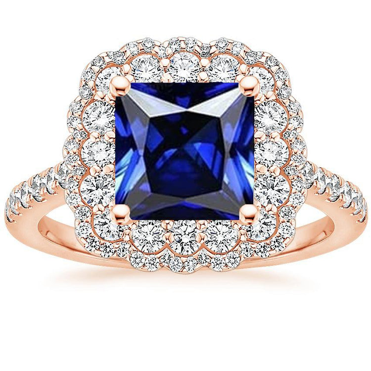 Bague Diamant Rond Halo Style Fleur Princesse Saphir Bleu 7 Carats - HarryChadEnt.FR