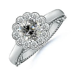 Bague Diamant Rond Halo ancienne mine Cut 2 Carats Style Fleur Millgrain