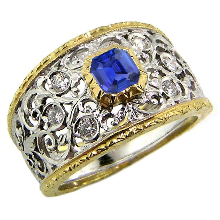 Bague Diamant Rond Lunette Asscher Saphir Bicolore Filigrane 2 Carats - HarryChadEnt.FR