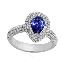 Bague Diamant Rond Poire Saphir Bleu Centre Or Blanc 2.30 Carats 18K