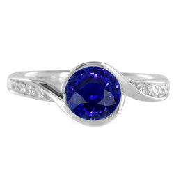 Bague Diamant Rond & Saphir Bleu 2.50 Carats Style Bypass Tige En Or