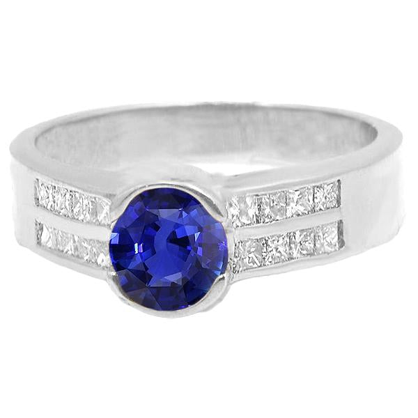 Bague Diamant Rond Saphir Bleu & Accents Taille Princesse 2.50 Carats - HarryChadEnt.FR