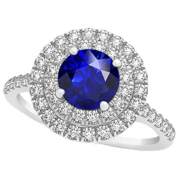 Bague Diamant Rond Saphir Bleu Double Halo 4 Carats Femme Or 14K - HarryChadEnt.FR