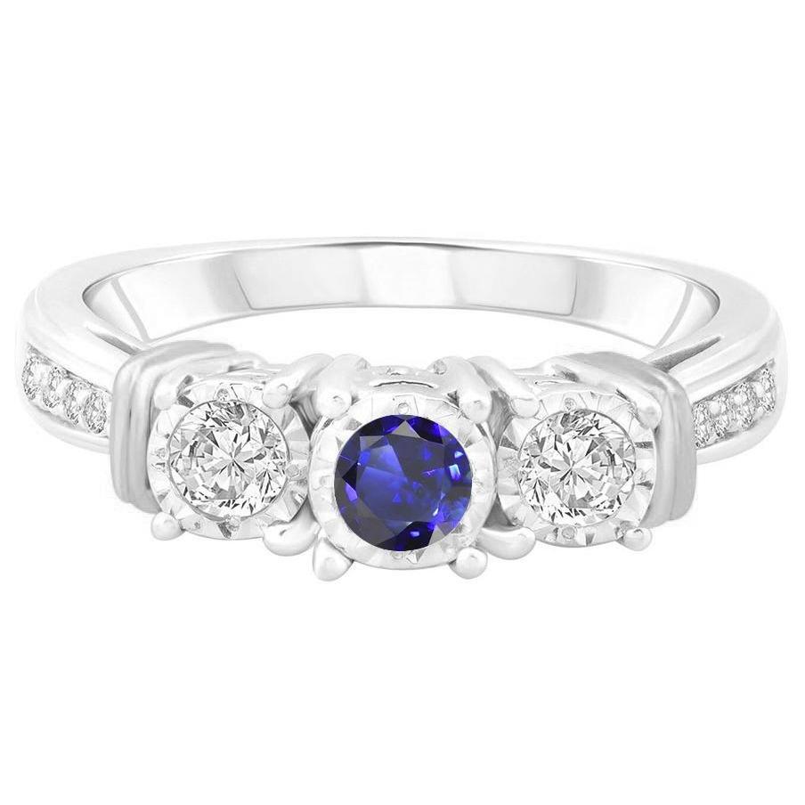 Bague Diamant Rond Saphir Bleu Serti Clos Or Blanc 3 Carats 14K - HarryChadEnt.FR