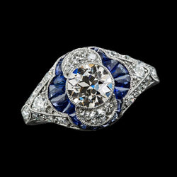 Bague Diamant Rond Saphir Bleu Taille Vieille Mine Or 5 Carats 14K