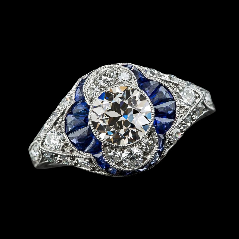 Bague Diamant Rond Saphir Bleu Taille Vieille Mine Or 5 Carats 14K - HarryChadEnt.FR