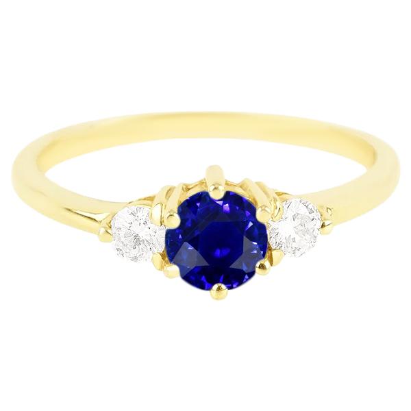 Bague Diamant Rond Saphir Ceylan 2 Carats 3 Pierres Or Jaune Griffes - HarryChadEnt.FR