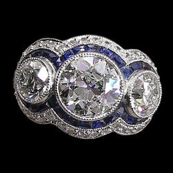 Bague Diamant Rond Taille Ancienne Saphir Bleu 3 Style Pierre 6 Carats