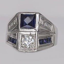 Bague Diamant Rond Taille Mine & Saphir Bleu Princesse 3.75 Carats