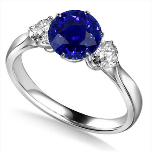 Bague Diamant Rond Trois Pierres Saphir Bleu Naturel 2.25 Carats - HarryChadEnt.FR