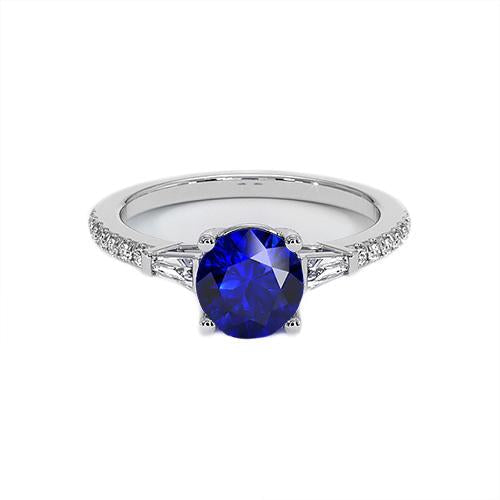 Bague Diamant Rond Véritable 3 Pierres & Saphir Bleu 5 Carats - HarryChadEnt.FR