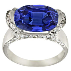 Bague Diamant Rond et Saphir Bleu Taille Ovale Sertissage Barrette 5.50 Carats