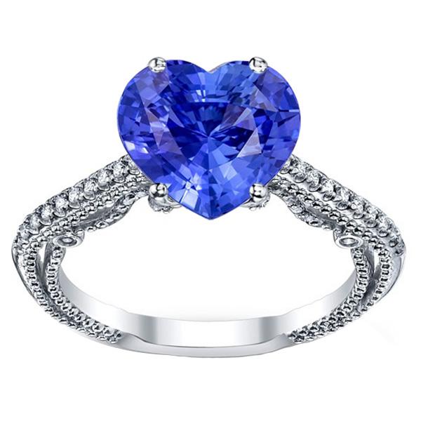 Bague Diamant Saphir Bleu 3 Carats Pavé Accents Or 14K Milgrain - HarryChadEnt.FR