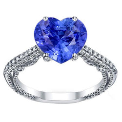 Bague Diamant Saphir Bleu 3 Carats Pavé Accents Or 14K Milgrain
