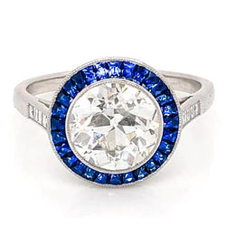 Bague Diamant Saphir Bleu 3.50 Carats Vieux Mineur Or Blanc 14K