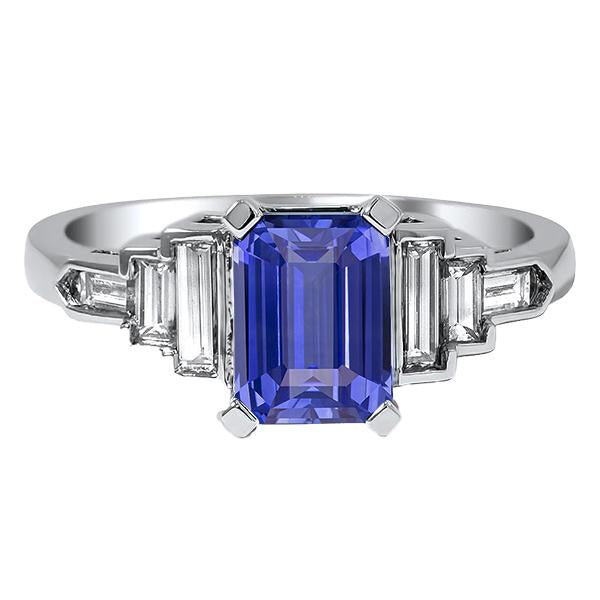 Bague Diamant Saphir Bleu Émeraude Avec Accents Baguette 3 Carats - HarryChadEnt.FR