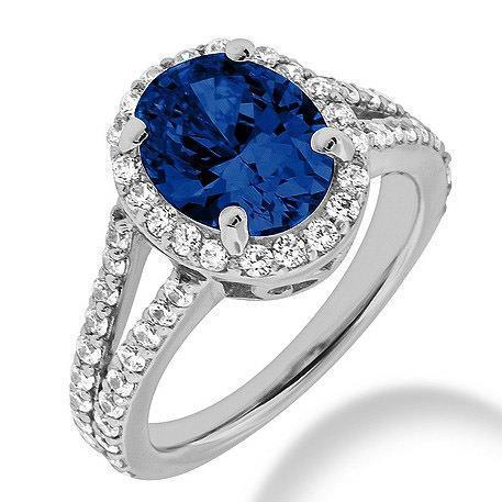 Bague Diamant Saphir Bleu Ovale Or Blanc 14K 2.40 Carats - HarryChadEnt.FR