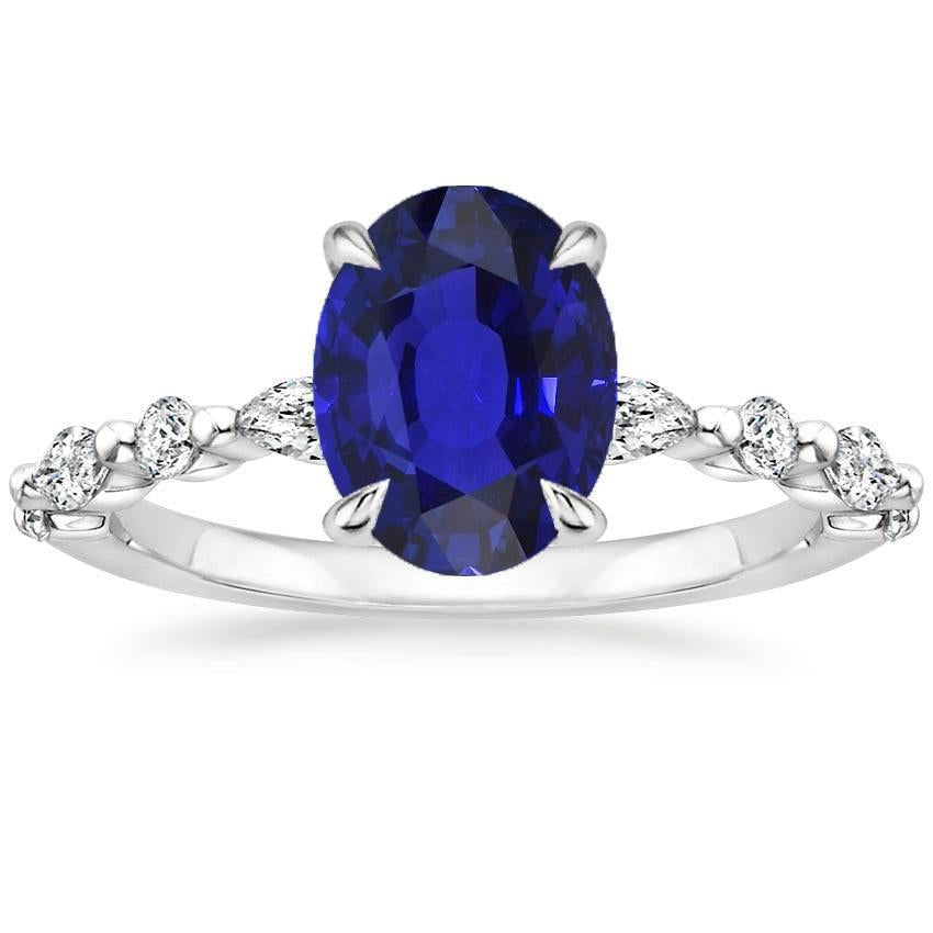Bague Diamant Saphir Bleu Ovale Or Marquise & Taille Ronde 6 Carats Neuf - HarryChadEnt.FR