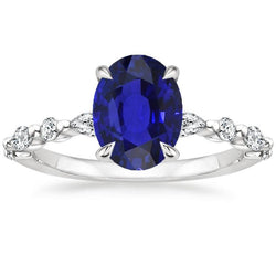 Bague Diamant Saphir Bleu Ovale Or Marquise & Taille Ronde 6 Carats Neuf