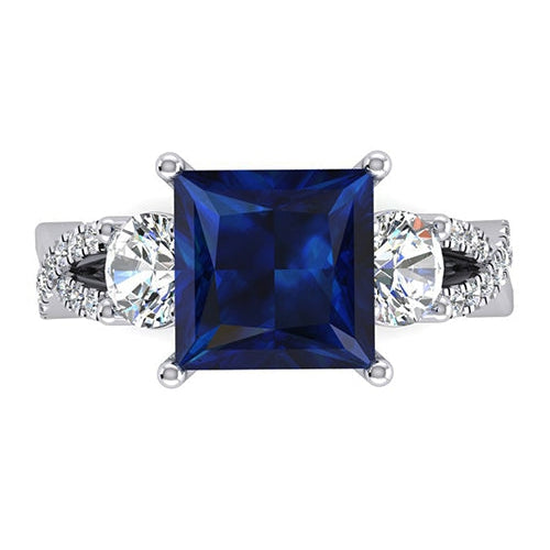 Bague Diamant Saphir Bleu Royal 5.50 Ct Taille Princesse Or 14K