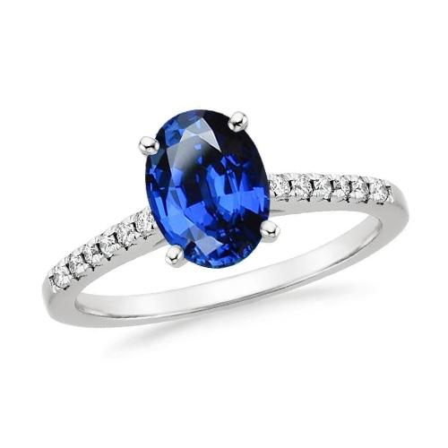 Bague Diamant Saphir Bleu Sri Lanka Ovale 2 Carats Or Blanc 14K - HarryChadEnt.FR