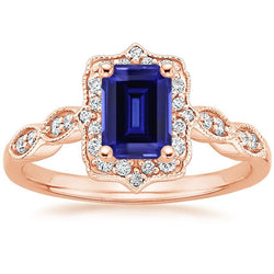 Bague Diamant Saphir Bleu Style Antique 3 Carats Pierre Gemme