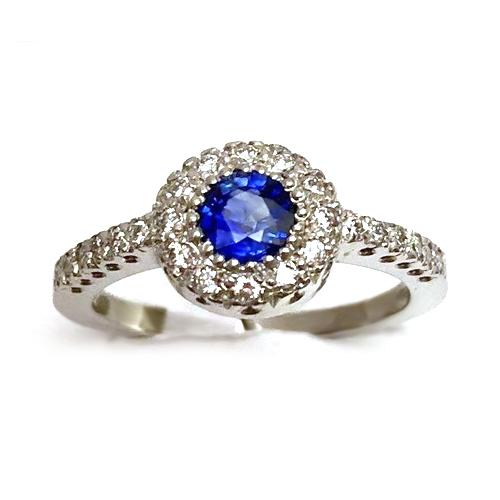 Bague Diamant Saphir Ceylan Bleu Rond 2 Carats Or Blanc 14K - HarryChadEnt.FR