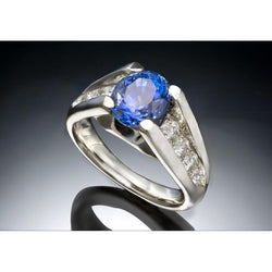 Bague Diamant Saphir Sri Lanka Rond 2.50 Carats Or Blanc 14K