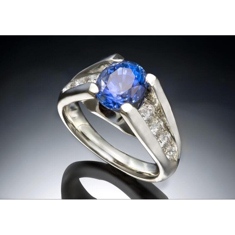Bague Diamant Saphir Sri Lanka Rond 2.50 Carats Or Blanc 14K - HarryChadEnt.FR