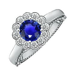 Bague Diamant Style Antique Halo Style Fleur Saphir Bleu 2.50 Carats