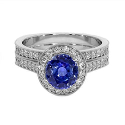 Bague Diamant Style Antique Set 6 Carats Rond Saphir Bleu Or Blanc