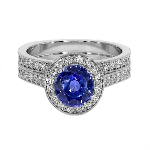 Bague Diamant Style Antique Set 6 Carats Rond Saphir Bleu Or Blanc - HarryChadEnt.FR