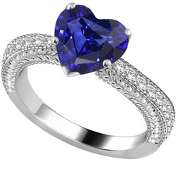 Bague Diamant Style Vintage 4 Carats Saphir Bleu Naturel Coupe Coeur