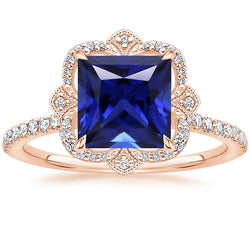 Bague Diamant Style Vintage Princesse Saphir Bleu Avec Accents 6 Carats