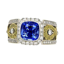 Bague Diamants Coussin Saphir Bleu Sri Lanka 3.26 Carats Deux Tons 14K